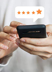 Close Up On Customer Man Hand Pressing On Smartphone Screen With Gold Five Star Rating Feedback Icon And Press Level Excellent Rank For Giving Best Score Point To Review The Service , Technology Business Concept
